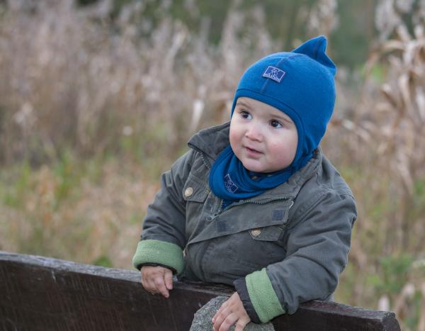 Babymütze blau mit Bindeband  aus Wolle Seide von Pickapooh